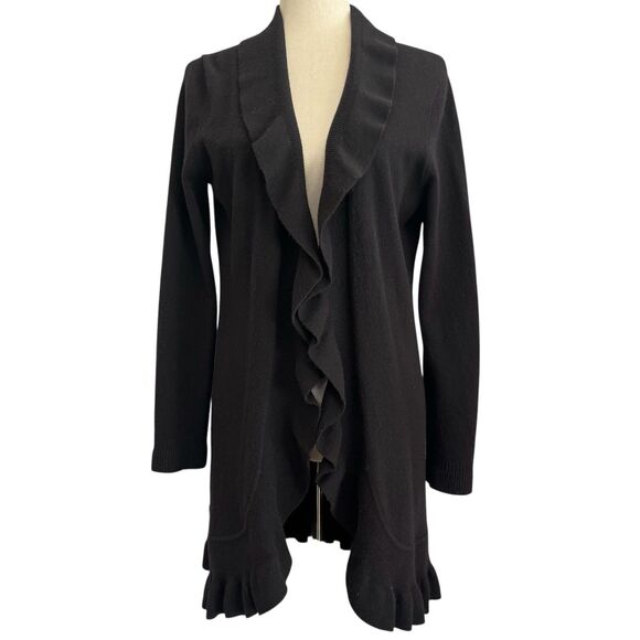 Peck & Peck Wool Cashmere Cardigan Sweater Size M Black Ruffles Frills Longline - Picture 1 of 12
